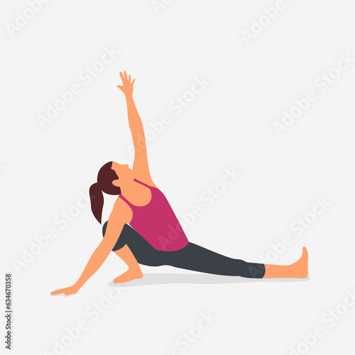 Vector illustration of young woman practicing Crescent Lunge Anjaneyasana yoga pose.
