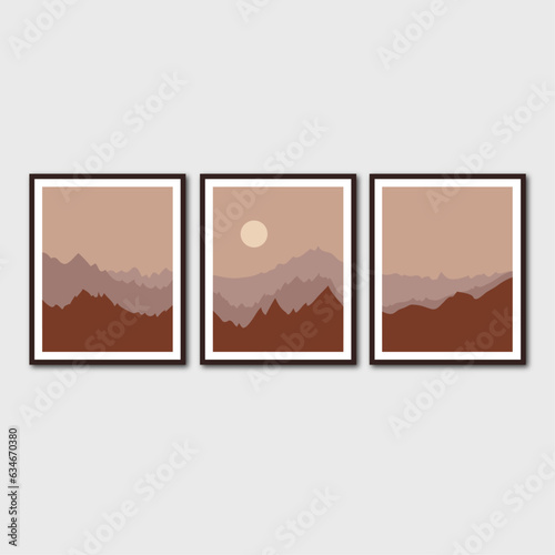Vector set of modern abstract mountain nature landscape wall art with moon. © Sushma
