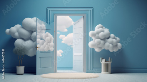 door cylinder abstract room minimal stage cloud showcase blue pedestal. Generative AI.