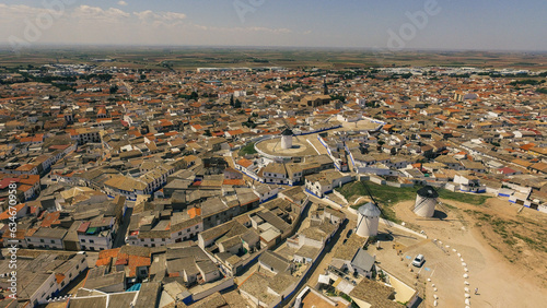 Aerial view of three windmills in Castilla la Mancha
