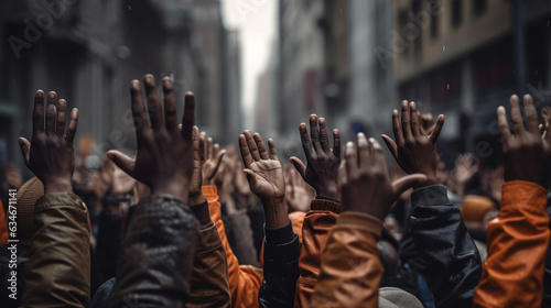 Close-up of people demonstrating on the street. Hands raised high during a protest