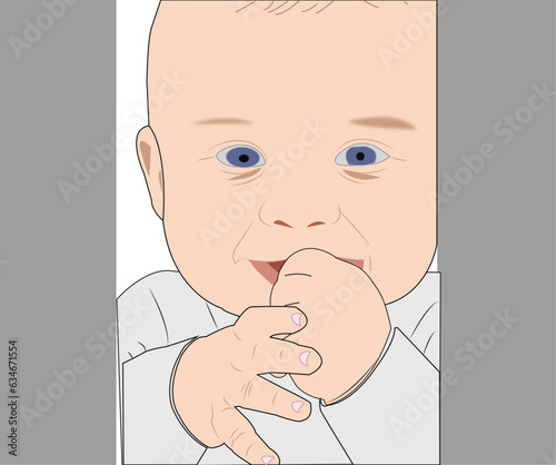 Vector illustration of cute little baby sucking his finger and looking curiously.
