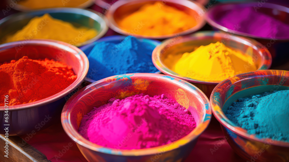 bowls with colorful Holi paints bowls with colorful Holi paints