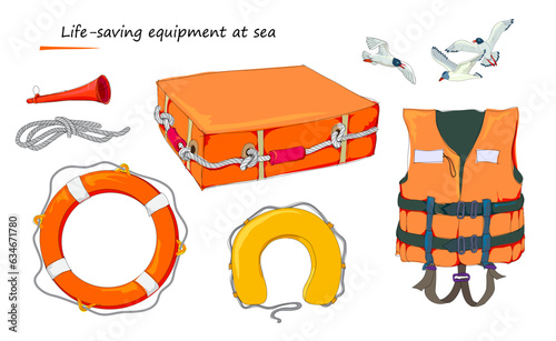 Life-saving equipment at sea. Set of marine objects. Security tools elements. Illustration of sailing supplies. Isolated drawings on white background. Flat vector, cartoon style.