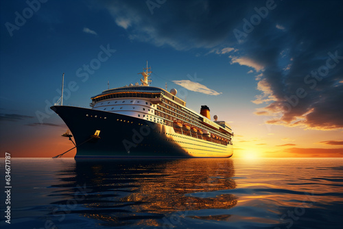 cruise liner in the ocean on the sunset background. Generative AI