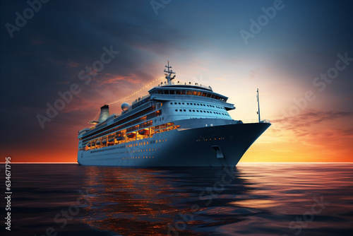 cruise liner in the ocean on the sunset background. 
