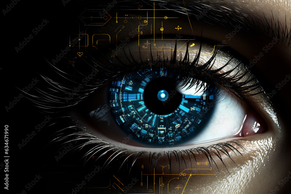 futuristic eye technology blue digital iris.  