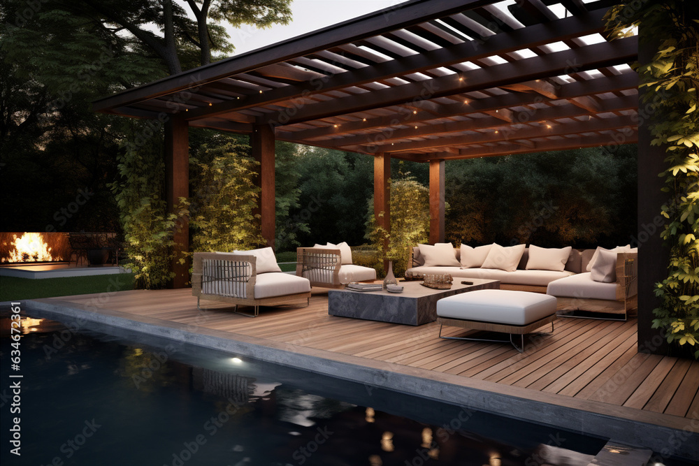 Fototapeta premium Luxurious backdoor garden interior design with swimming pool. Generative AI