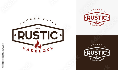 Vintage logo barbeque grill. Retro rustic babeque grill, Barbeque Label Logo desain vektor.