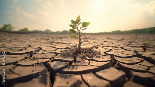 Lone tree sprouts on parched earth symbolizing climate crisis 