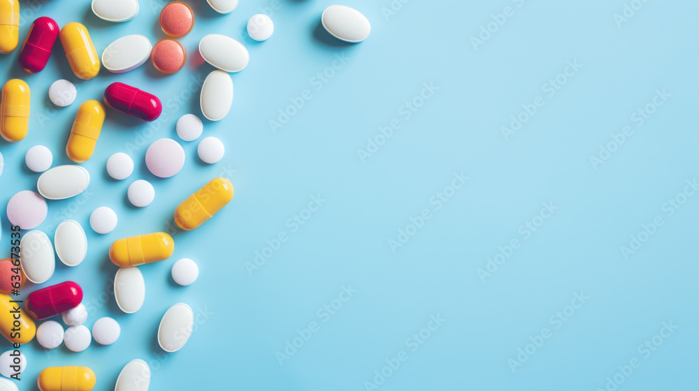 Colorful medicine tablets antibiotic pills on soft blue background