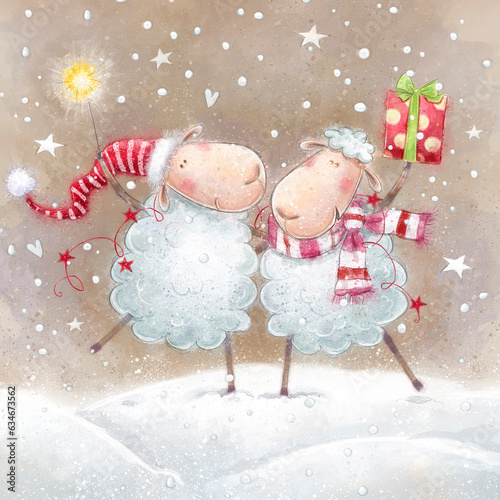 Cartoon funny sheep with sparkler and gift .Christmas greeting cards. Hand draw Christmas illustration