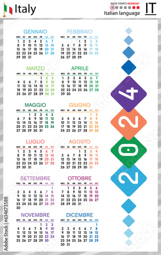 Italian vertical pocket calendar for 2024. Week starts Monday