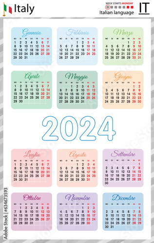 Italian vertical pocket calendar for 2024. Week starts Monday