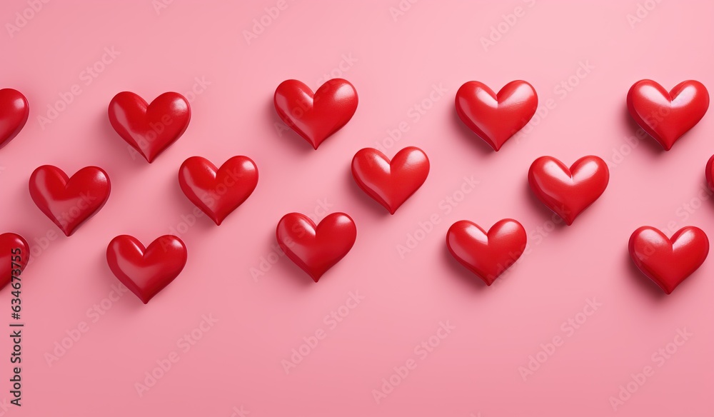 Red glossy hearts recurring on pink background Valentines Day and Mothers Day, wedding invitations app icons emoticons design banner Generative AI