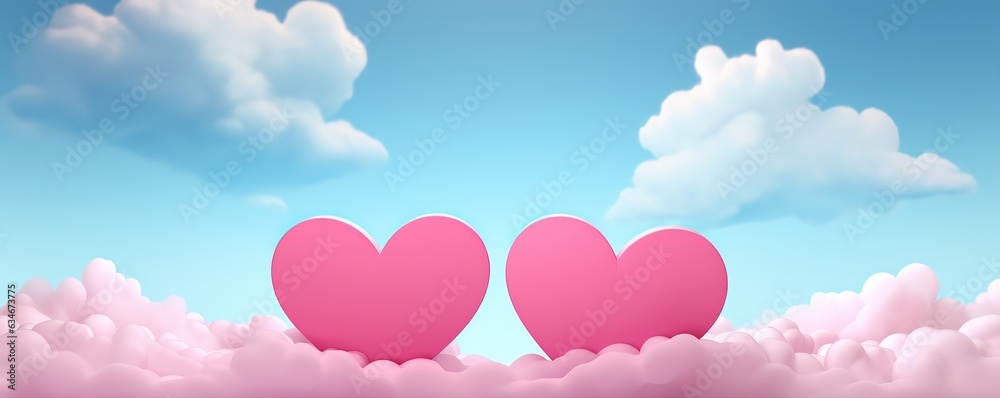 Two pink hearts and clouds on blue sky background love symbols Valentines day, poster banner, greeting card design Generative AI