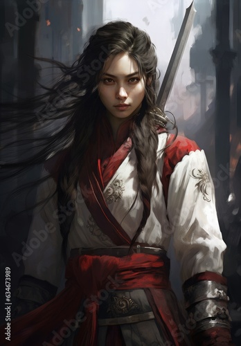 Assassin warrior woman, game character, digital illustration. Generative AI