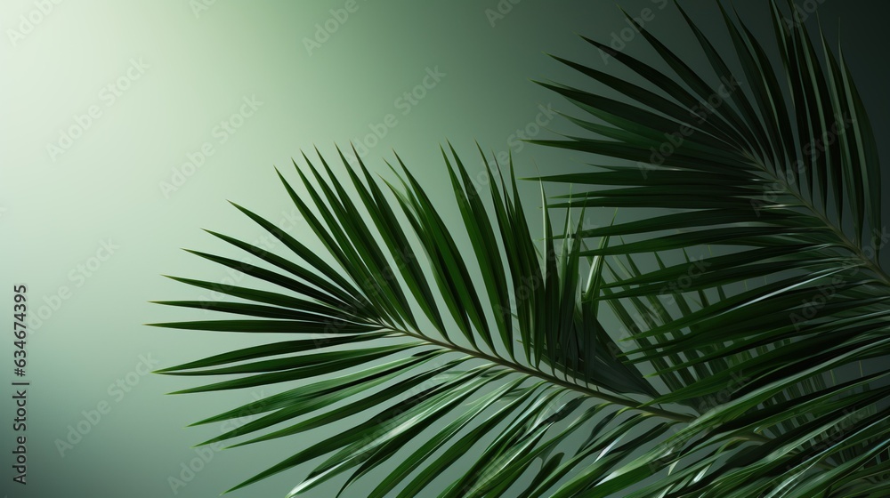 Fototapeta premium tropical palm leaves with shadow on green background, with copy space for text