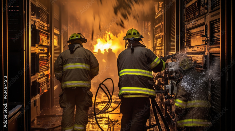 Firefighters are putting out the burning server room Firefighters are putting out the burning server room