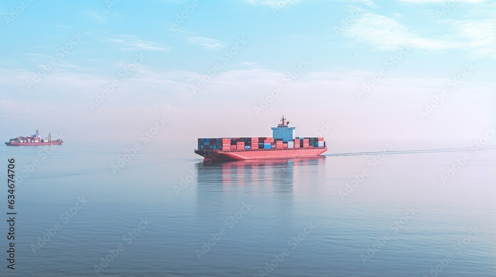 Landscape with ship loaded with containers at sea, concept of parcel deliveries around the world and logistics. Generative AI