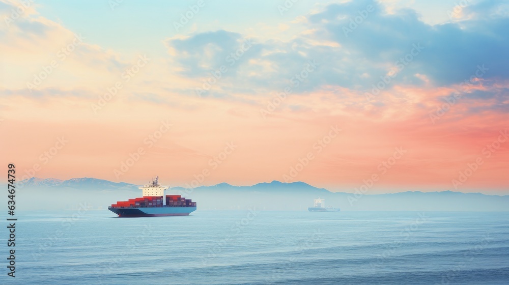Landscape with ship loaded with containers at sea, concept of parcel deliveries around the world and logistics. Generative AI