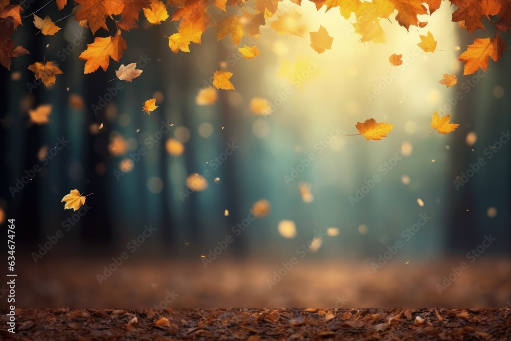 Landscape with falling autumn leaves, bokeh background with forest. Generative AI - obrazy, fototapety, plakaty 