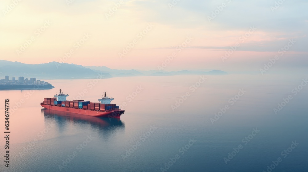 Landscape with ship loaded with containers at sea, concept of parcel deliveries around the world and logistics. Generative AI