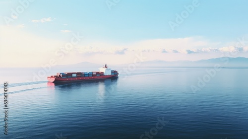 Landscape with ship loaded with containers at sea  concept of parcel deliveries around the world and logistics. Generative AI