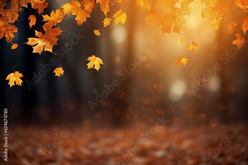 Landscape with falling autumn leaves, bokeh background with forest. Generative AI