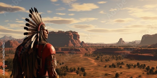 Apache Indian chief, landscape with canyons and plains, wild west concept. Cenerative AI photo