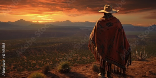 Mexican gunslinger with poncho and hat, landscape with canyons and sunset, old west concept. Generative AI photo