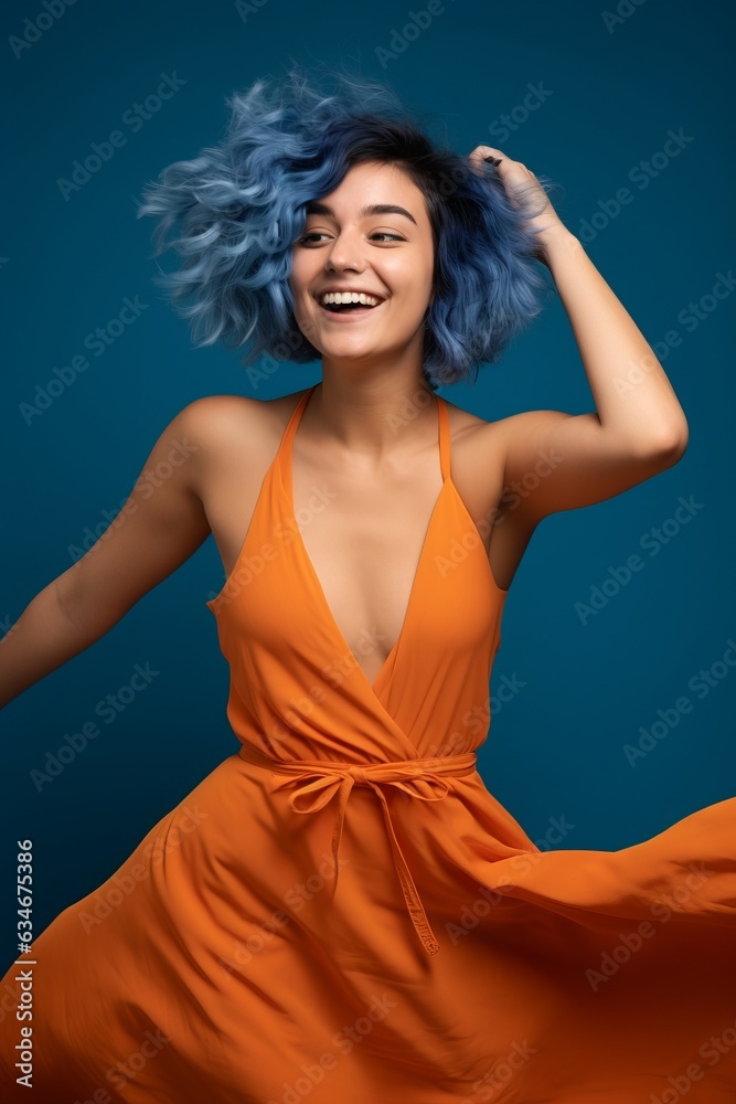 Photo of a woman with vibrant blue hair wearing a bright orange dress created with Generative AI technology