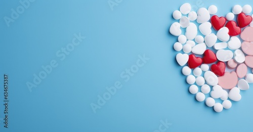Medicine pills and heart on blue background, health care concept. Generative AI