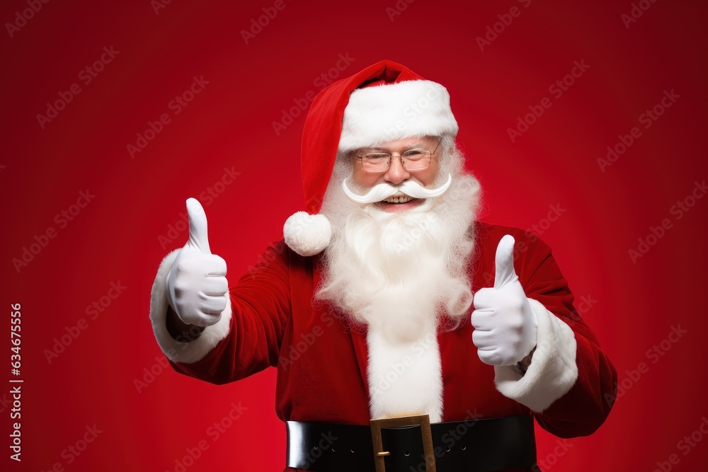 Smiling Santa Claus giving thumbs up, red background, Christmas holiday. Generative AI Smiling Santa Claus giving thumbs up, red background, Christmas holiday. Generative AI