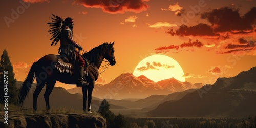 Silhouette of Indian chief on horseback, landscape with sunset, wild west concept. Generative AI photo