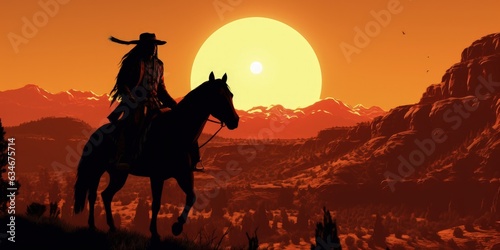 Silhouette of Indian chief on horseback  landscape with sunset  wild west concept. Generative AI