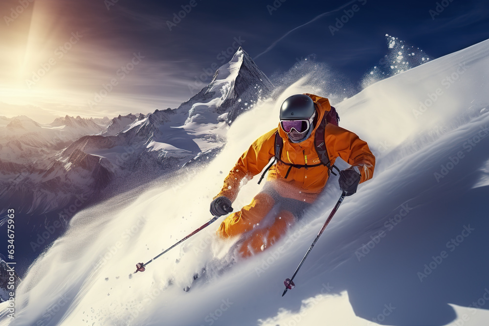 Skier Soaring Amid Snowy Mountains with Professional Equipment on a Sunny Day. created with Generative AI