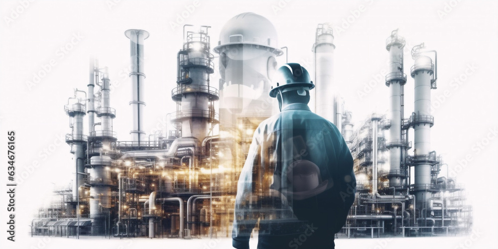 multiple exposure of industry and engineer.   - obrazy, fototapety, plakaty 