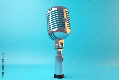 Studio microphone on blue background, entertainment and podcasts concept. Generative AI