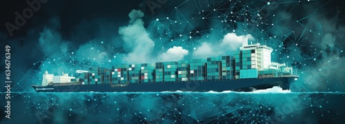 Cargo ship with freight containers, blue background with connection network with delivery points, concept of logistics and ecommerce. Generative AI