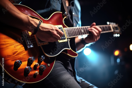 Electrifying Performance: Closeup of Guitarist Guy Fingerstyle Playing on Electric Guitar on Concert Stage. created with Generative AI