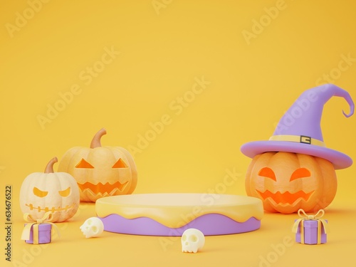 The 3d Halloween Illustration has a Jack o lantern, purple podiums for showcasing products on a yellow background, and a concept Halloween festival. 3D render.