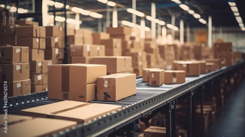 Cardboard boxes on a conveyor belt inside a logistics warehouse, concept of logistics and ecommerce. Generative AI © Deivison