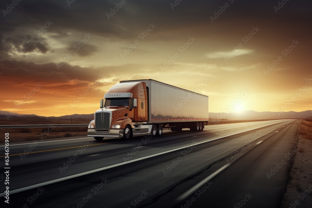 Landscape with delivery truck on the road, concept of logistics and transportation. Generative AI Landscape with delivery truck on the road, concept of logistics and transportation. Generative AI