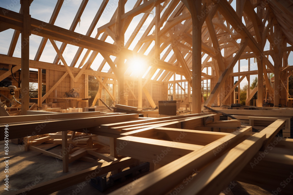 assembly of the wooden frames beams and trusses. Generative AI assembly of the wooden frames beams and trusses. Generative AI