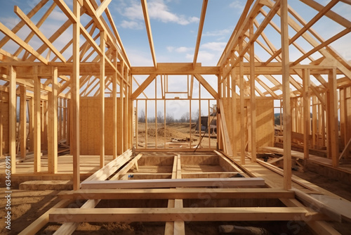 assembly of the wooden frames beams and trusses. Generative AI