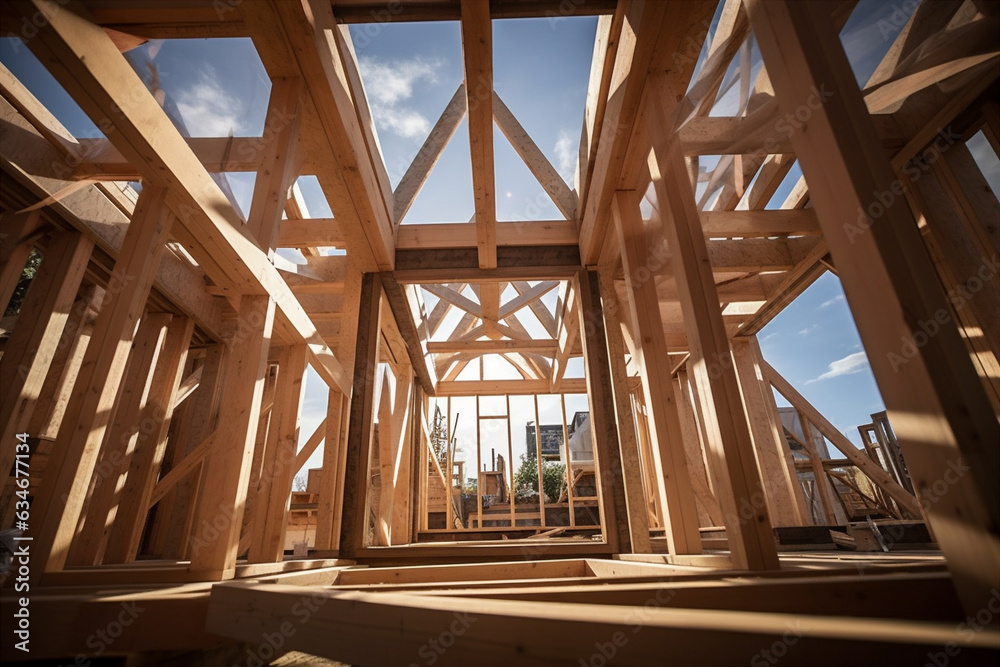 Obraz premium assembly of the wooden frames beams and trusses. Generative AI