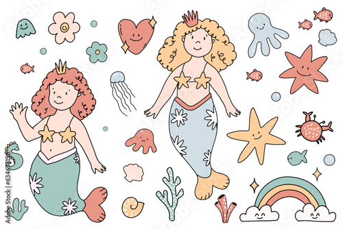 Beautiful vector stock illustration set with cute children hand drawn mermaid rainbow starfish flowers and others. Clip art.