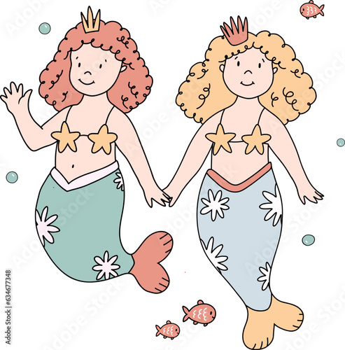 Beautiful vector stock illustration with cute hand drawn mermaid. Clip art.