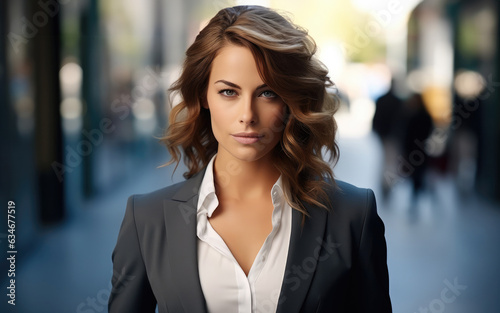 Beautiful serious business woman at city. © visoot